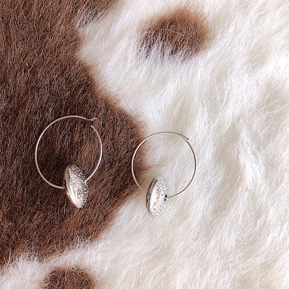BOHO SILVER HOOPS TEXTURED DISC BEADS EARRINGS